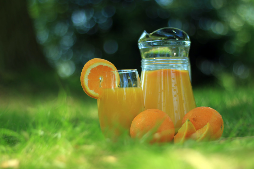 healthy orange juice on grass lawn