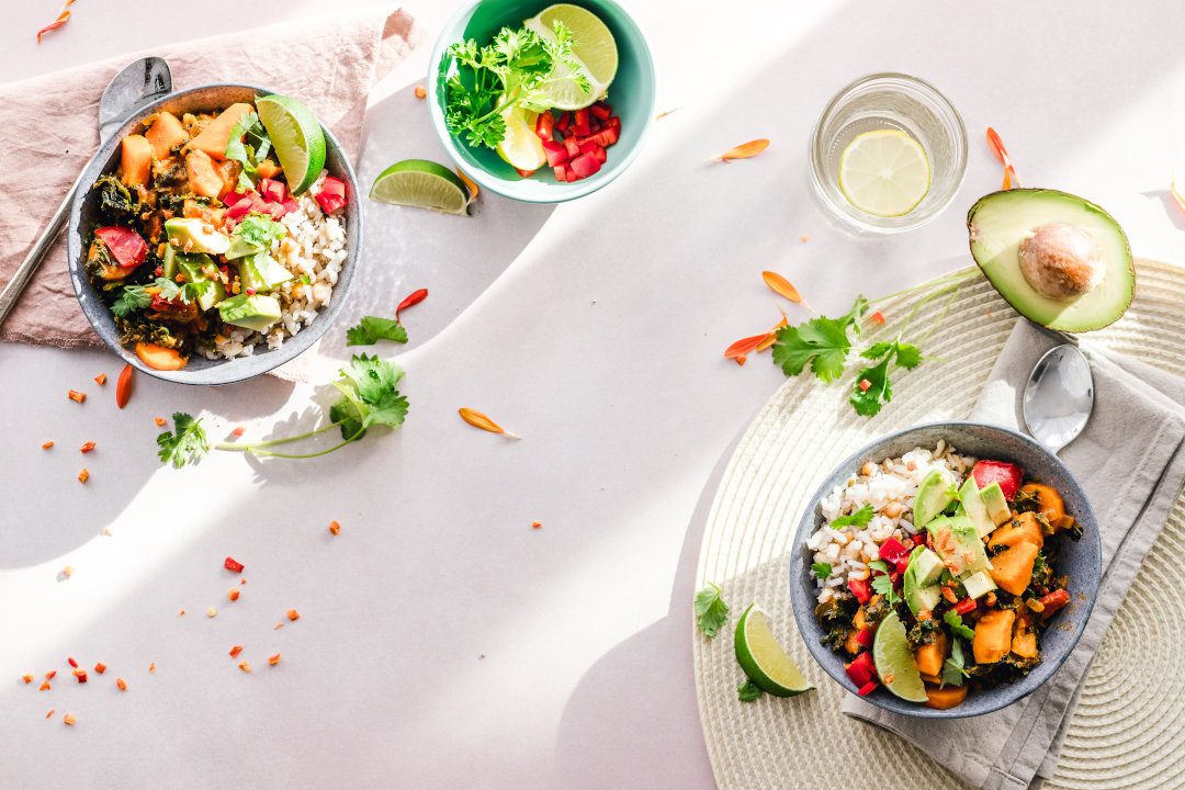 fresh fruit and vegetables in bowls